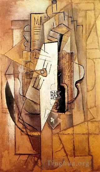 Pablo Picasso's Contemporary Various Paintings - Bouteille de Bass guitare as de trefle 1912