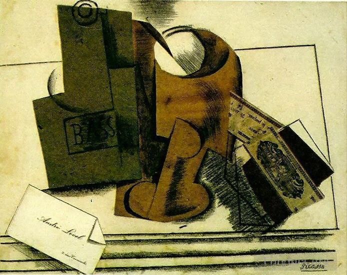 Pablo Picasso's Contemporary Various Paintings - Bouteille de Bass verre paquet de tabac carte de visite 1913