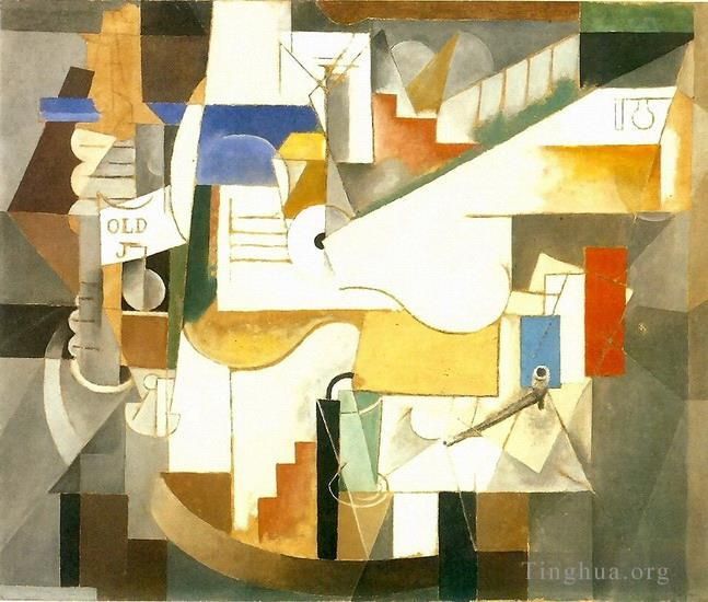 Pablo Picasso's Contemporary Various Paintings - Bouteille guitare pipe 1912