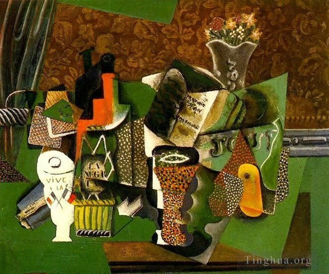 Pablo Picasso's Contemporary Various Paintings - Cartes a jouer verres bouteille de rhum Vive la France 1914