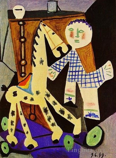 Pablo Picasso's Contemporary Various Paintings - Claude a deux ans avec son cheval a roulettes 1949
