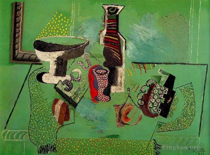 Pablo Picasso's Contemporary Various Paintings - Compotier verre bouteille fruits Nature morte verte 1914