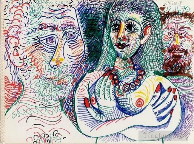 Pablo Picasso's Contemporary Various Paintings - Deux hommes et une femme 1970