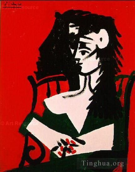 Pablo Picasso's Contemporary Various Paintings - Femme a la mantille sur fond rouge I 1959