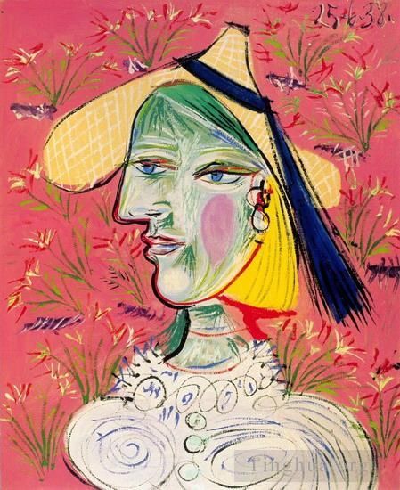 Pablo Picasso's Contemporary Various Paintings - Femme au chapeau de paille sur fond fleuri 1938