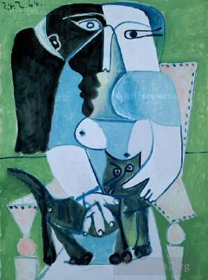 Pablo Picasso's Contemporary Various Paintings - Femme au chat assise dans un fauteuil 1964