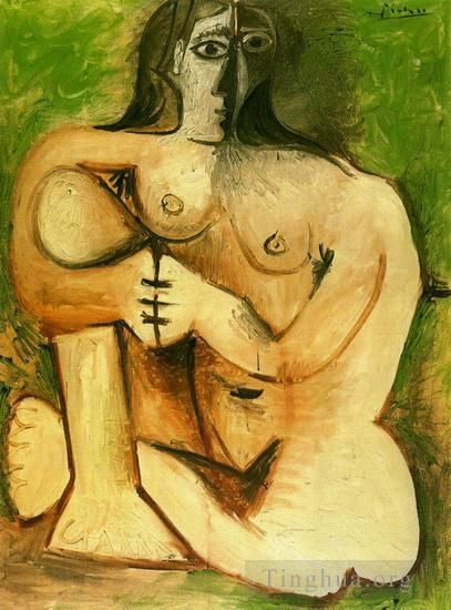 Pablo Picasso's Contemporary Various Paintings - Femme nue accroupie sur fond vert 1960