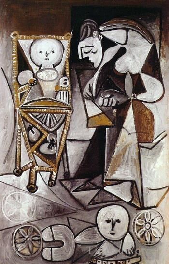 Pablo Picasso's Contemporary Various Paintings - Femme qui dessine entouree de ses enfants 1950