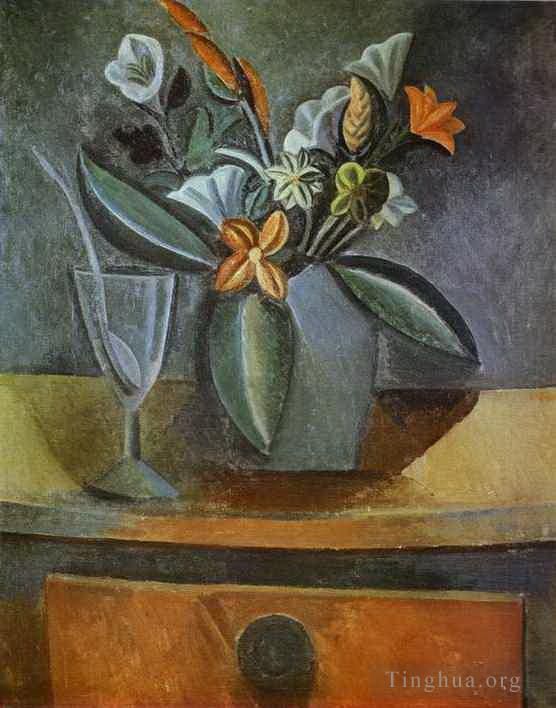 Pablo Picasso's Contemporary Various Paintings - Flowers in a Grey Jug and Wine Glass with Spoon 1908
