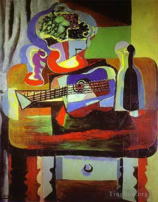 Pablo Picasso's Contemporary Various Paintings - Guitar Bottle Bowl with Fruit and Glass on Table 1919