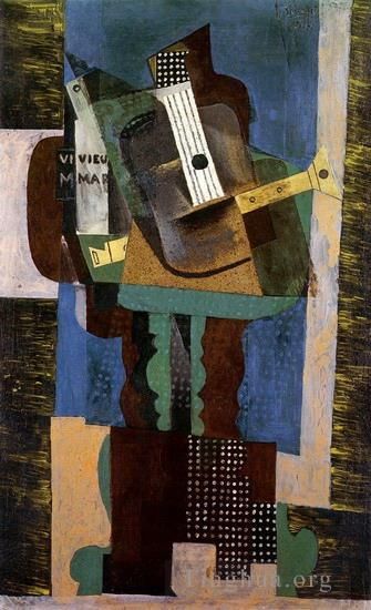 Pablo Picasso's Contemporary Various Paintings - Guitare clarinette et bouteille sur une table 1916