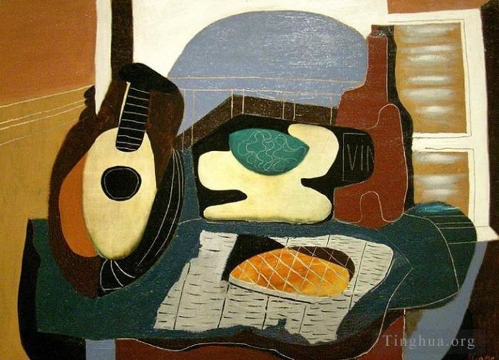 Pablo Picasso's Contemporary Various Paintings - Mandoline panier de fruits bouteille et patisserie 1924
