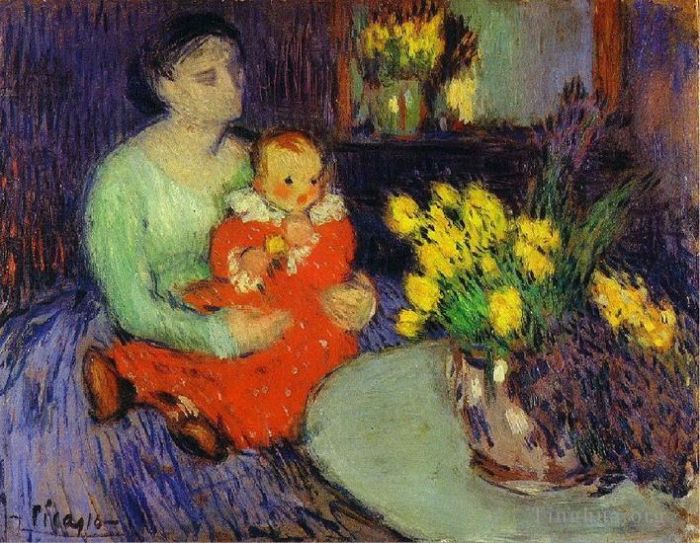 Pablo Picasso's Contemporary Various Paintings - Mere et enfant devant un vase de fleurs 1901