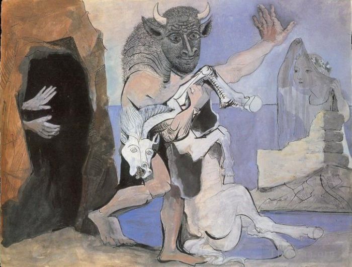 Pablo Picasso's Contemporary Various Paintings - Minotaure et jument morte devant une grotte face a une fille au voile 1936