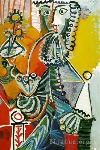 Pablo Picasso's Contemporary Various Paintings - Mousquetaire a la pipe et fleurs 1968