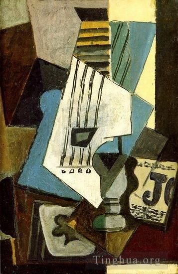 Pablo Picasso's Contemporary Various Paintings - Nature morte Guitare journal verre et as de trefle 1914