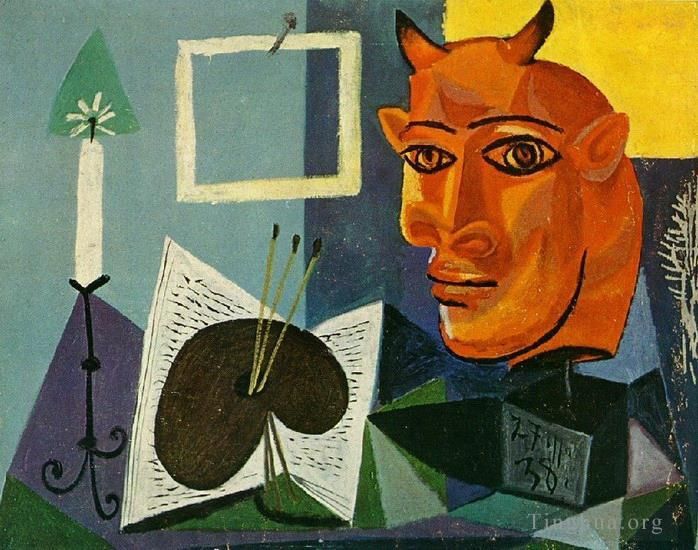 Pablo Picasso's Contemporary Various Paintings - Nature morte a la bougie palette et Tete de minotaure rouge 1938