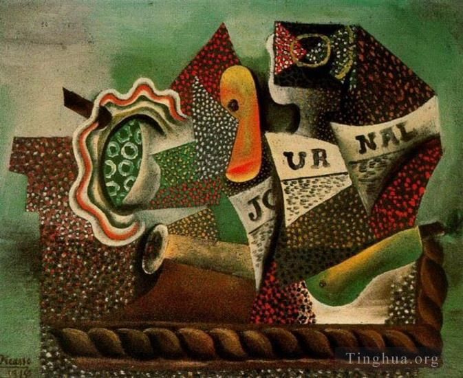 Pablo Picasso's Contemporary Various Paintings - Nature morte avec fruits verre et journal 1914