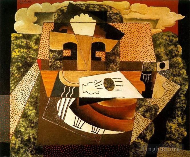 Pablo Picasso's Contemporary Various Paintings - Nature morte dans un paysage Compotier avec fruits mandoline verre sur une table dans un paysage 1915