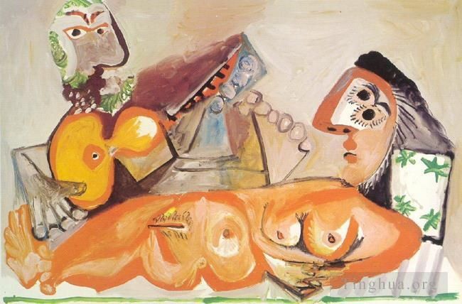 Pablo Picasso's Contemporary Various Paintings - Nu couch et homme jouant de la guitare 1970