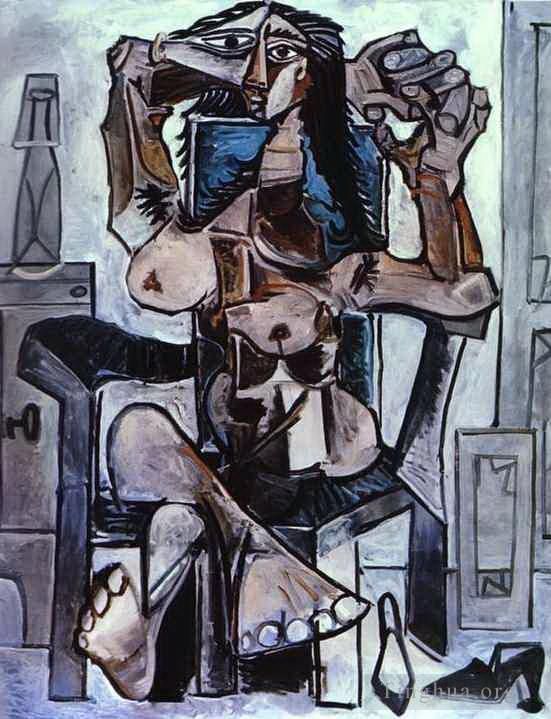 Pablo Picasso's Contemporary Various Paintings - Nude in an Armchair with a Bottle of Evian Water a Glass and Shoes 1959