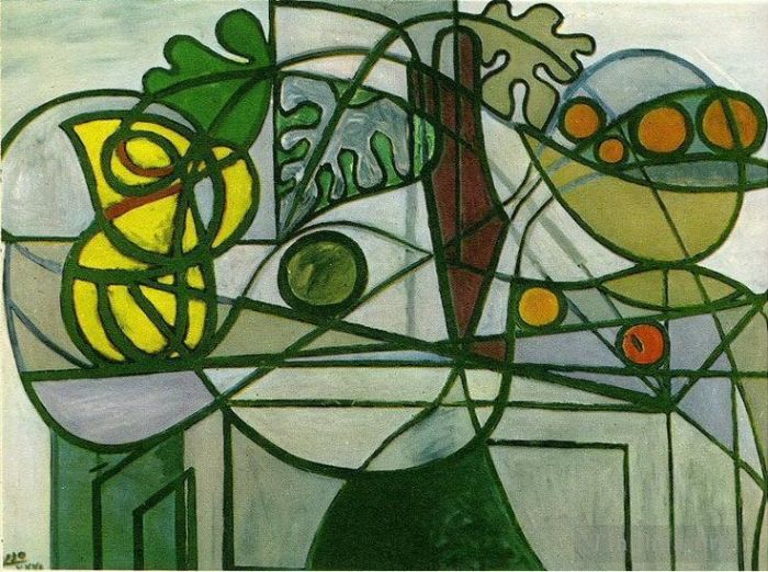 Pablo Picasso's Contemporary Various Paintings - Pichet coupe de fruits et feuillage 1931