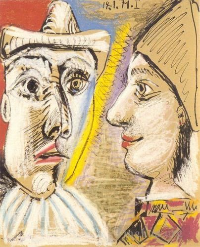 Pablo Picasso's Contemporary Various Paintings - Pierrot et arlequin de profil 1971