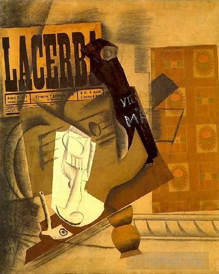Pablo Picasso's Contemporary Various Paintings - Pipe verre journal guitare bouteille de vieux marc Lacerba 1914