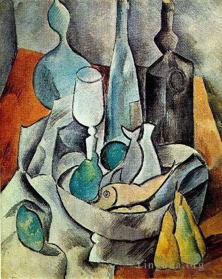 Pablo Picasso's Contemporary Various Paintings - Poissons et bouteilles 1908