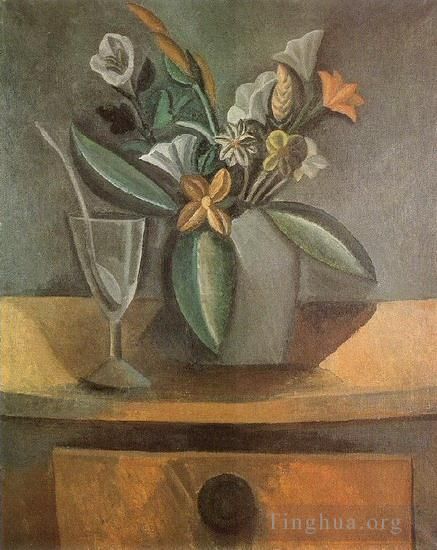 Pablo Picasso's Contemporary Various Paintings - Vase de fleurs verre de vin et cuillere 1908