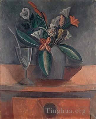 Pablo Picasso's Contemporary Various Paintings - Vase of flowers glass of wine and spoon 1908