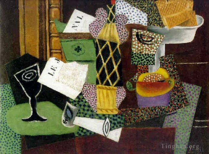 Pablo Picasso's Contemporary Various Paintings - Verre et bouteille de rhum empaillee 1914