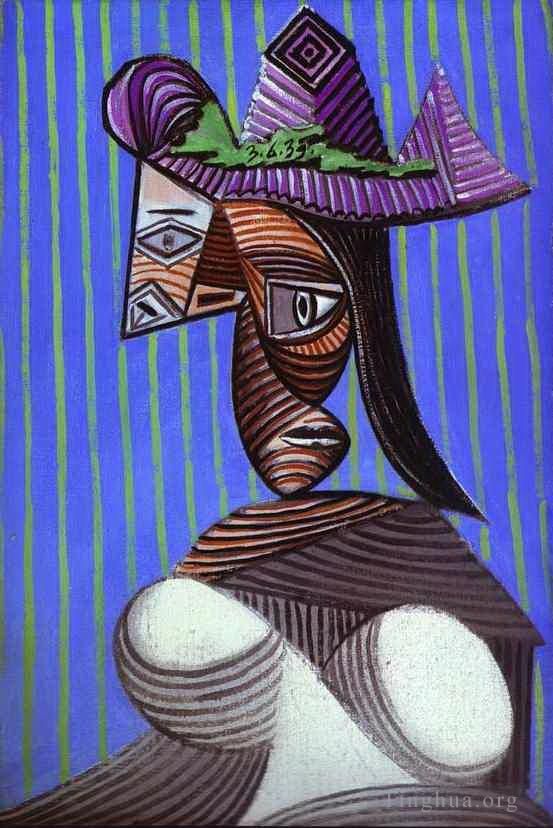 Pablo Picasso's Contemporary Various Paintings - Woman in a Stripped Hat 1939