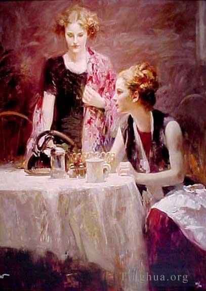 Pino Daeni's Contemporary Oil Painting - After Dinner
