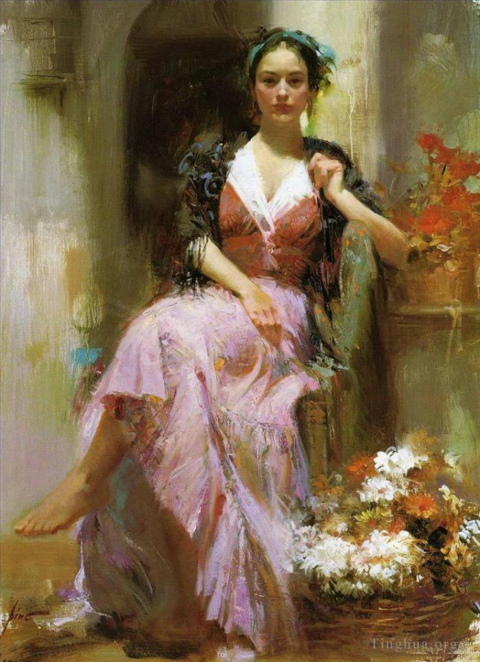 Pino Daeni's Contemporary Oil Painting - Pino Daeni lady and flowers