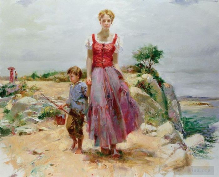 Pino Daeni's Contemporary Oil Painting - Pino Daeni mother and son