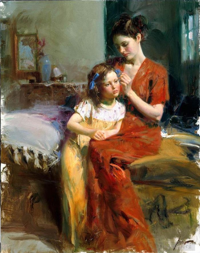 Pino Daeni's Contemporary Oil Painting - Mum and girl