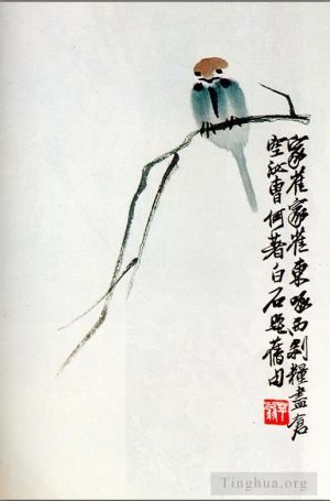 Contemporary Artwork by Qi Baishi - Sparrow on a branch old Chinese
