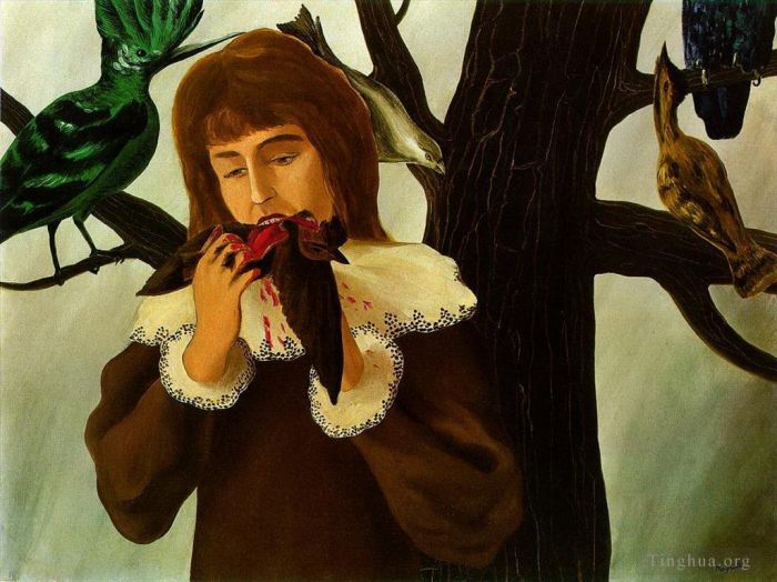 Rene Magritte's Contemporary Oil Painting - Young girl eating a bird the pleasure 1927
