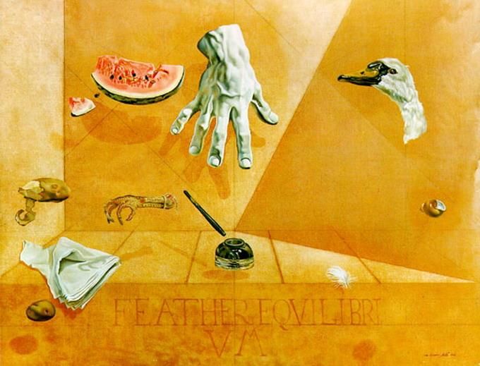 Salvador Dali's Contemporary Oil Painting - Feather Equilibrium Interatomic Balance of a Swans Feather
