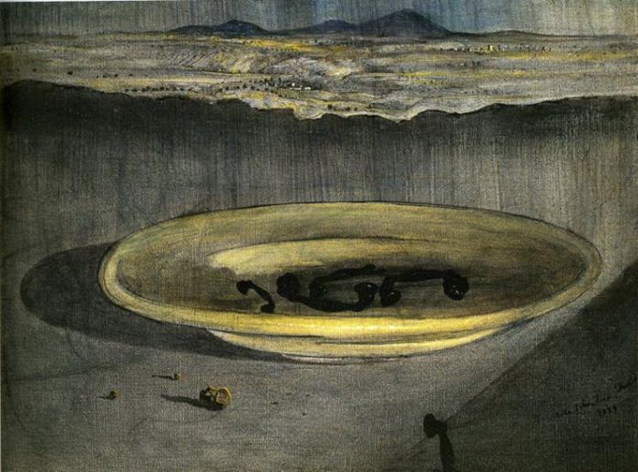 Salvador Dali's Contemporary Oil Painting - Landscape with Telephones on a Plate