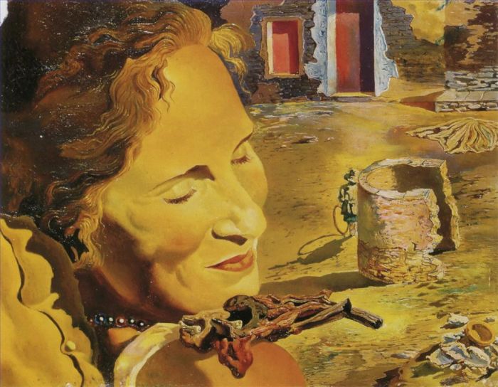 Salvador Dali's Contemporary Oil Painting - Portrait of Gala with Two Lamb Chops Balanced on Her Shoulder