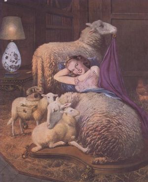 Contemporary Oil Painting - Reclining girl in sheep