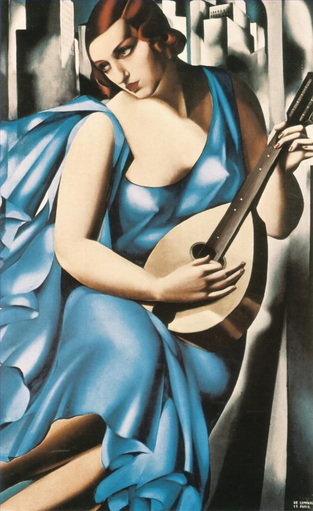 Tamara de Lempicka's Contemporary Oil Painting - Blue woman with a guitar 1929