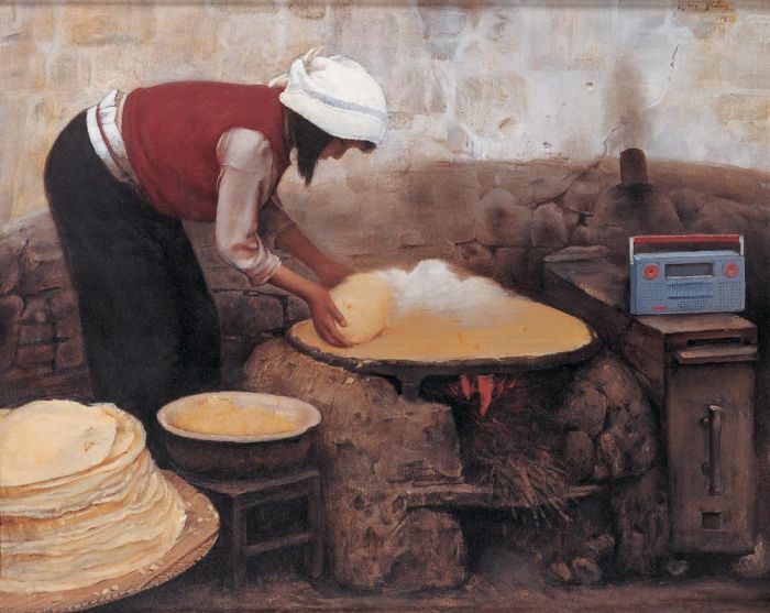 Wang Yidong's Contemporary Oil Painting - Girl Baking pancake
