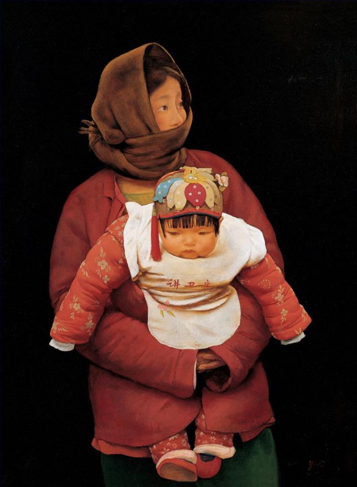 Wang Yidong's Contemporary Oil Painting - Mother and Child
