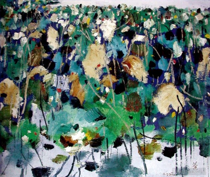 Wu Guanzhong's Contemporary Oil Painting - Lotus pond in deep spring