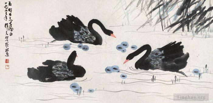 Wu Zuoren's Contemporary Chinese Painting - Black swans