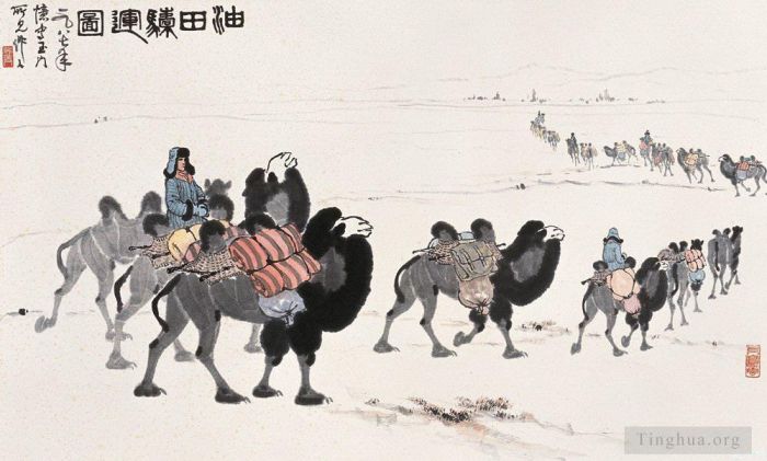 Wu Zuoren's Contemporary Chinese Painting - Camels in desert