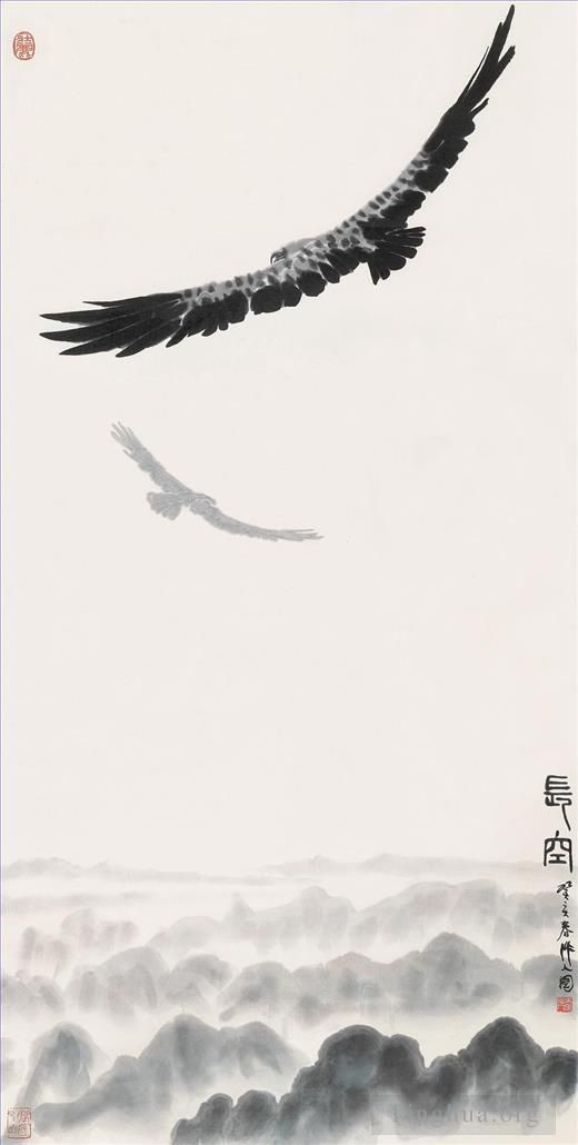 Wu Zuoren's Contemporary Chinese Painting - Eagle in sky 1983